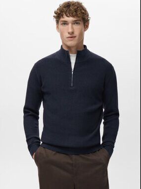 Mango Men's Ribbed Sweater with Zip Neck | Small